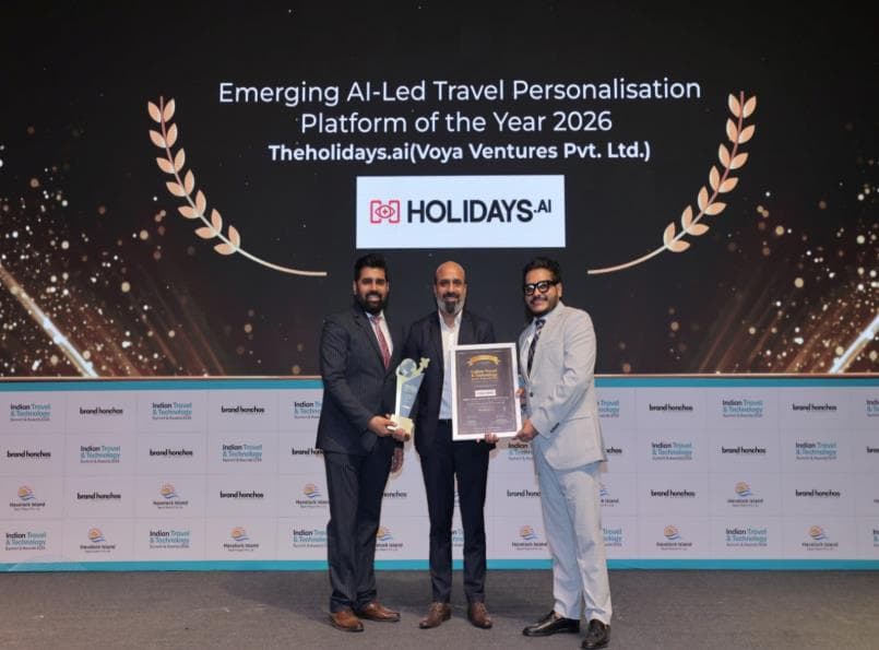TheHolidays.ai receiving the Emerging AI-Led Travel Personalisation Platform of the Year 2026 award on stage at the Indian Travel & Technology Summit & Awards